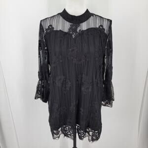 Shannon Ford New York Top Womens Large Black Lace Overlay Sheer Flutter Sleeves